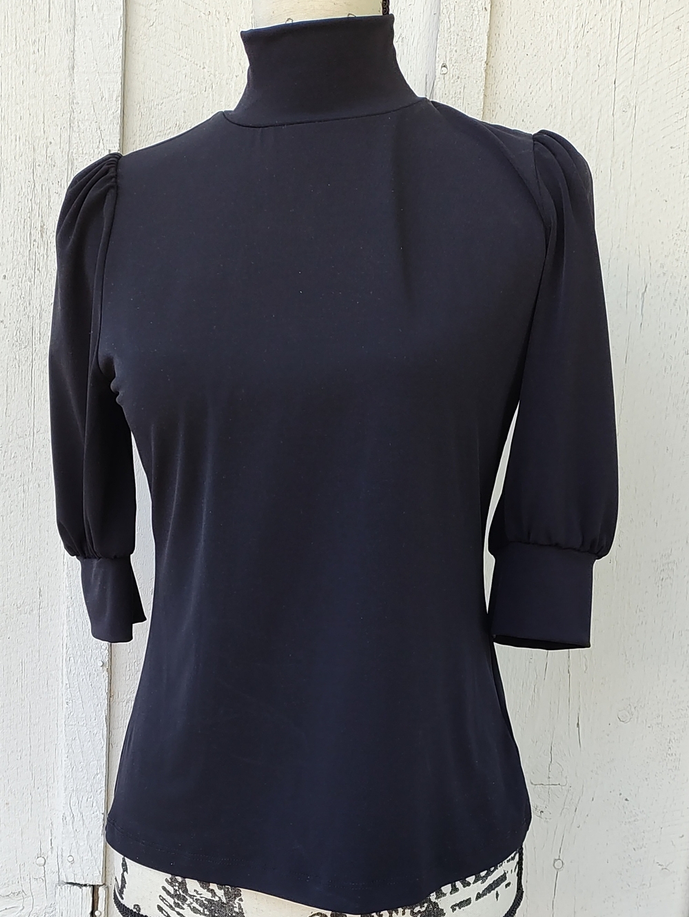 Women's Black Mock Neck Puff Sleeve Top
